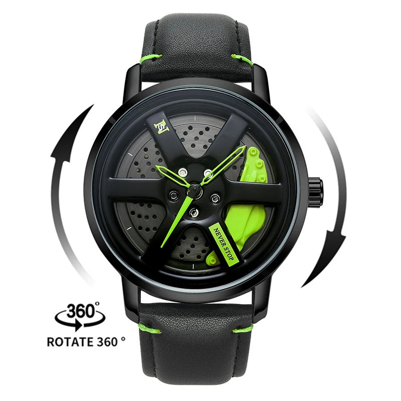 3D Sports Car Wheel Hub Mens Watches Spinnning Wholesale Cartoon Characters Watches Quartz Waterproof 360 Rotate Reloj Hombre
