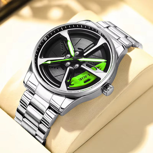 Car Watches for Men Waterproof Stainless Steel Quartz Wrist Watch Sports Men’S Watches with Car Wheel Rim Hub Design
