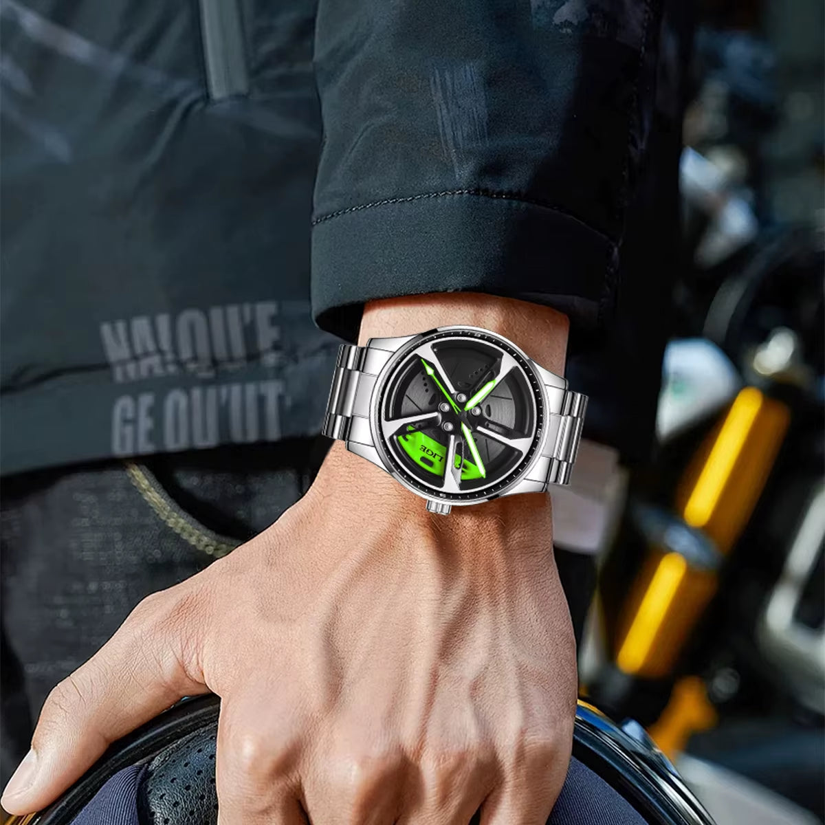 Car Watches for Men Waterproof Stainless Steel Quartz Wrist Watch Sports Men’S Watches with Car Wheel Rim Hub Design