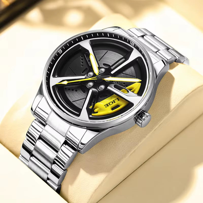 Car Watches for Men Waterproof Stainless Steel Quartz Wrist Watch Sports Men’S Watches with Car Wheel Rim Hub Design