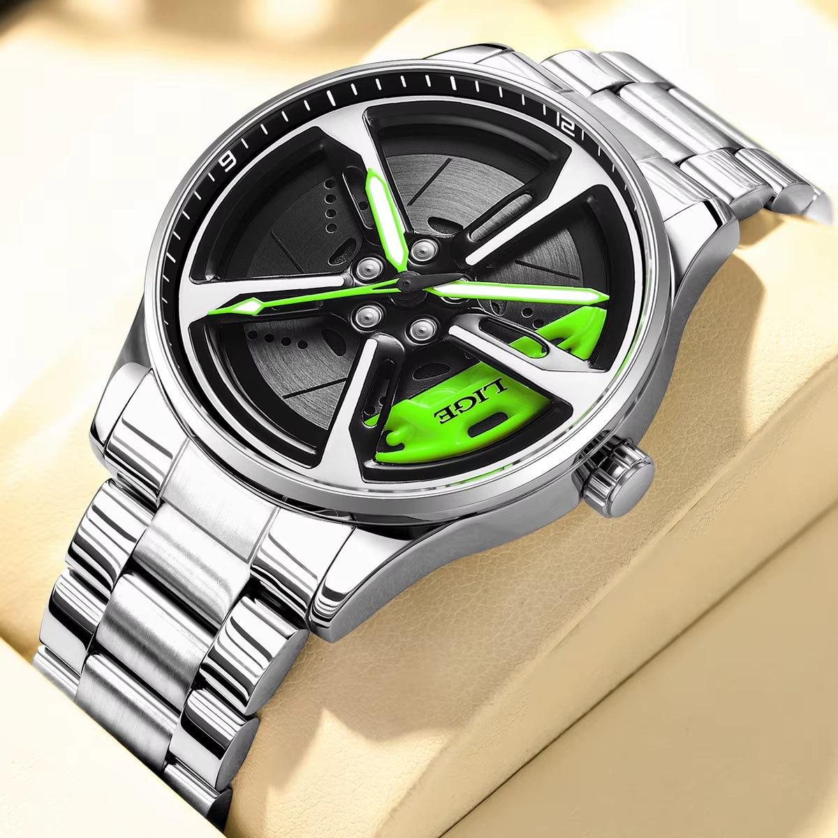 Car Watches for Men Waterproof Stainless Steel Quartz Wrist Watch Sports Men’S Watches with Car Wheel Rim Hub Design