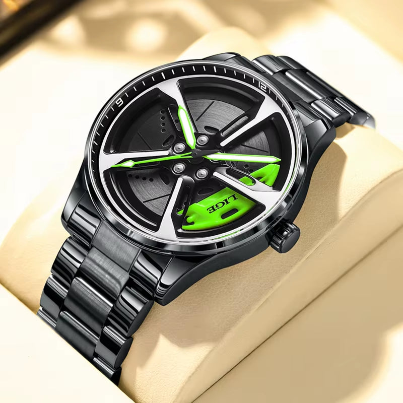 Car Watches for Men Waterproof Stainless Steel Quartz Wrist Watch Sports Men’S Watches with Car Wheel Rim Hub Design
