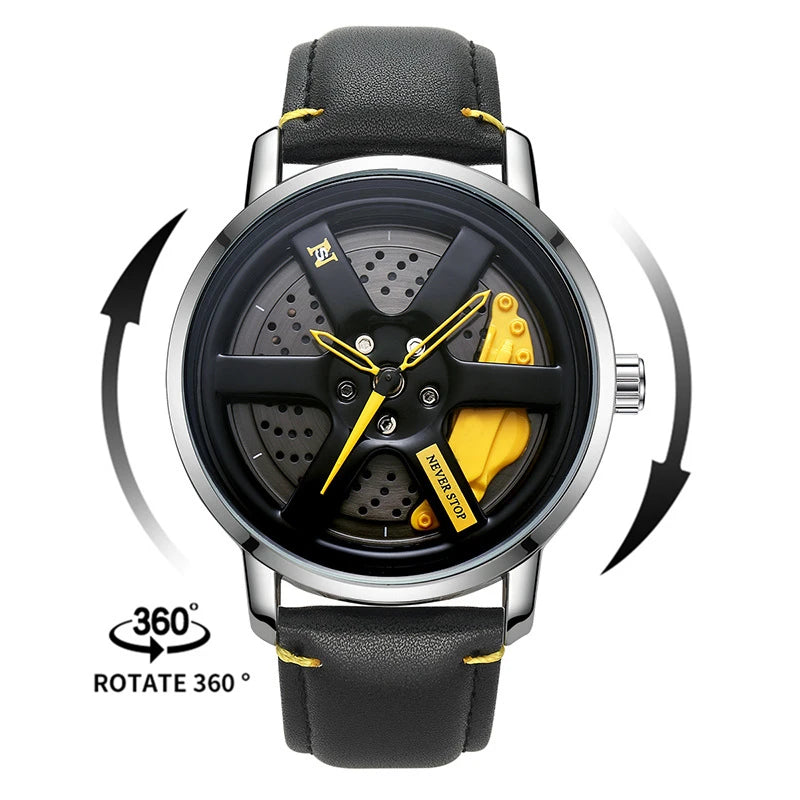 3D Sports Car Wheel Hub Mens Watches Spinnning Wholesale Cartoon Characters Watches Quartz Waterproof 360 Rotate Reloj Hombre