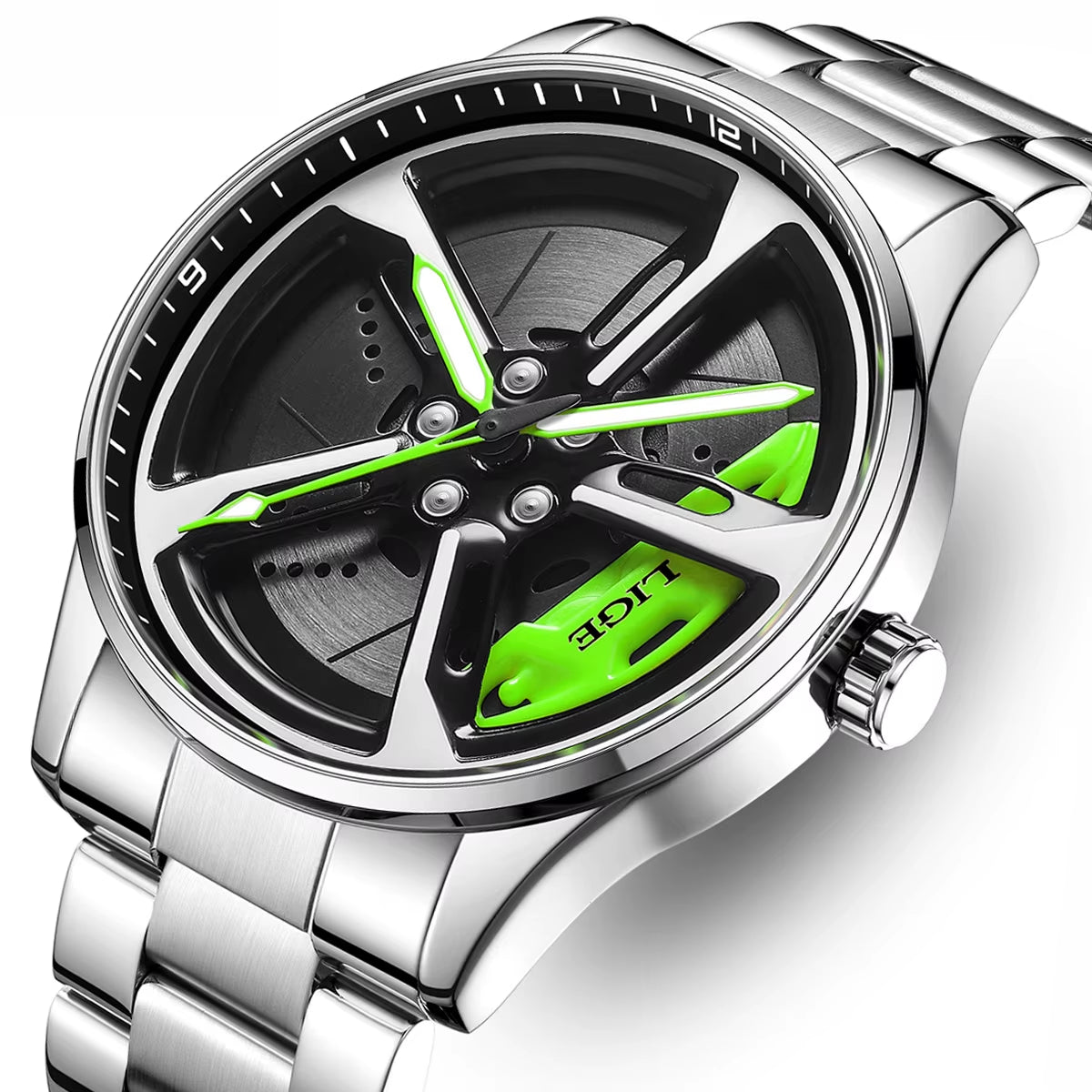 Car Watches for Men Waterproof Stainless Steel Quartz Wrist Watch Sports Men’S Watches with Car Wheel Rim Hub Design