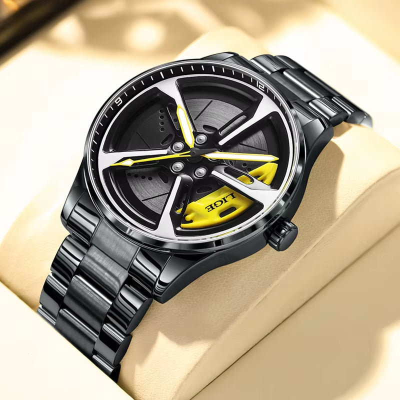 Car Watches for Men Waterproof Stainless Steel Quartz Wrist Watch Sports Men’S Watches with Car Wheel Rim Hub Design