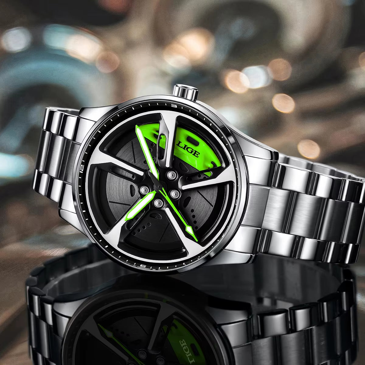 Car Watches for Men Waterproof Stainless Steel Quartz Wrist Watch Sports Men’S Watches with Car Wheel Rim Hub Design
