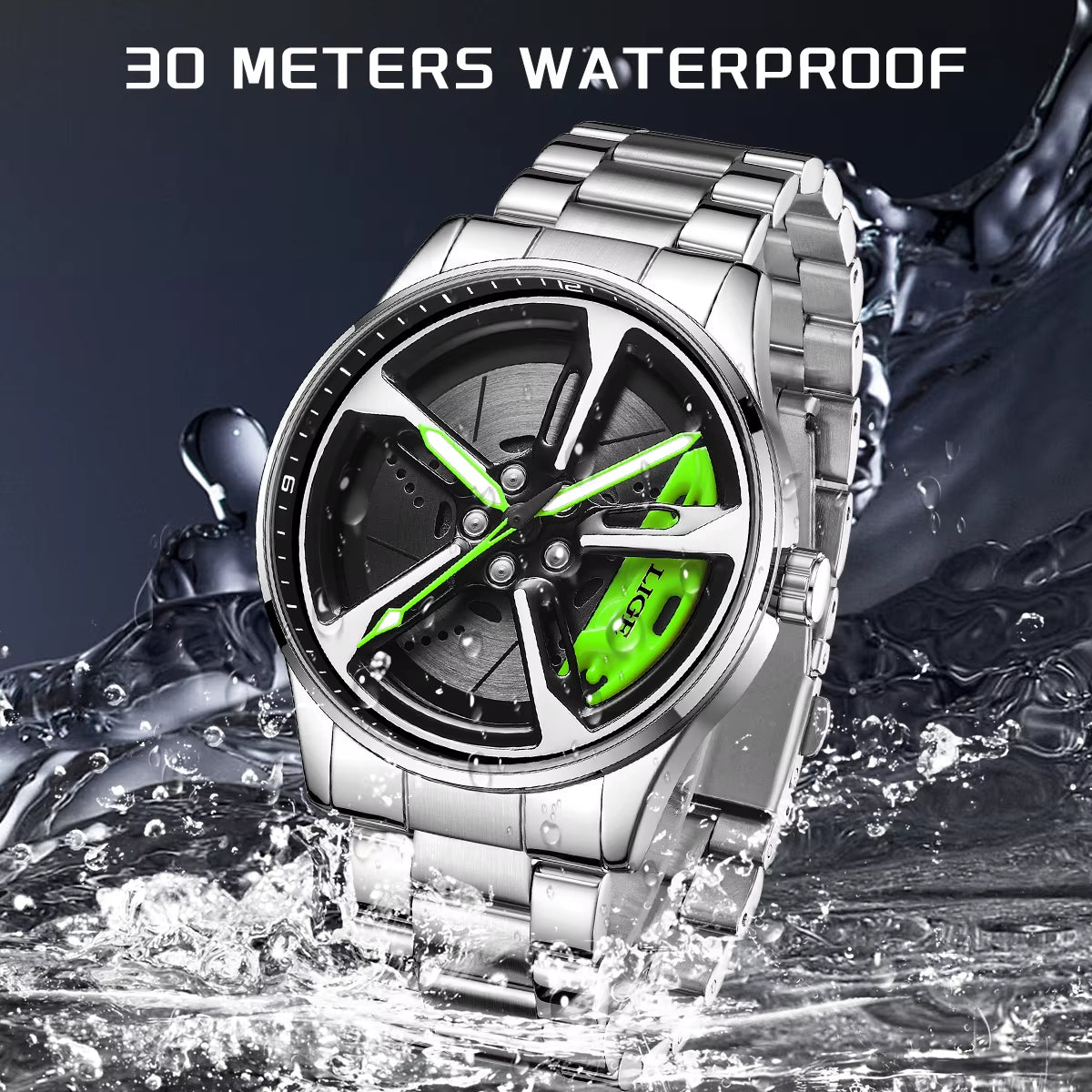 Car Watches for Men Waterproof Stainless Steel Quartz Wrist Watch Sports Men’S Watches with Car Wheel Rim Hub Design